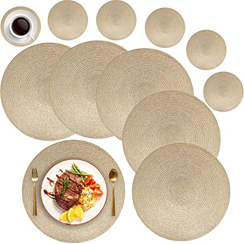 MI CASA Runde Tischsets Abwaschbar 6er Set Platzsets mit Untersetzer, 34cm Gewebte Hitzebeständige Platzdeckchen, Platzteller rutschfest für Küche Geburtstags Party Weihnachten Abendessen - Gold