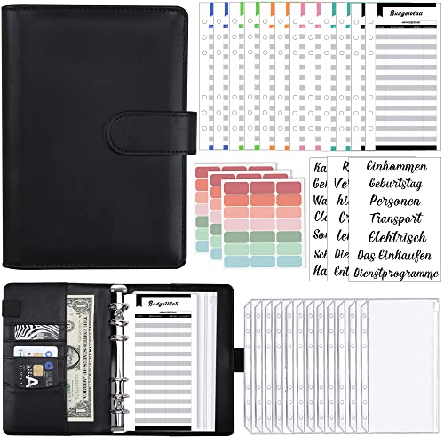 A6 Binder Budget Planner Deutsch,Geld Organizer Budget Planer mit 12 Binder Taschen, 12 Budgetblätter Deutsch, Etikettenaufklebern Sparbuch für Reisen,Tagebuch und Geschenk