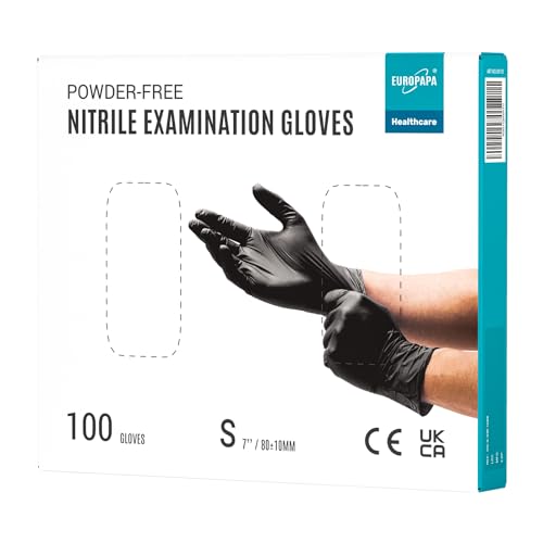 EUROPAPA 100x Nitrilhandschuhe Box Einweghandschuhe, Einmalhandschuhe, Untersuchungshandschuhe, Nitril Handschuhe, puderfrei, ohne Latex, unsteril, latexfrei, disposible gloves (S, Schwarz)