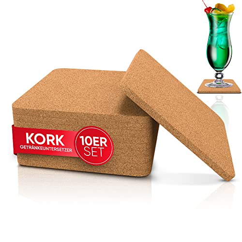 wortek Untersetzer Gläser Korkuntersetzer eckig - 10er Set Kork Untersetzer 10cm Korkplatte - Tischuntersetzer Tassenuntersetzer Glasuntersetzer Kork für Raclette, Tee, Kaffee, Cocktail Bar Zubehör