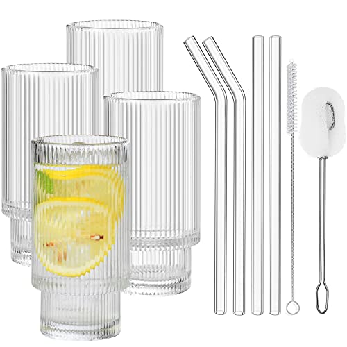 ALINK Cocktail Gläser 4er Set, Bier Glas, Can Longdrinkglas,Wassergläser, Eiskaffee Gläser mit Strohhalm,2 Reinigungsbürsten, Trinkglas in Dosenform für Familie, Camping, Party, Bar