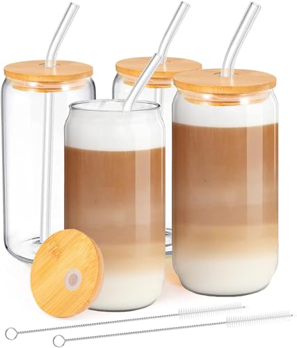 MEIMUCUL Trinkgläser mit Deckel und Strohhalm, Cocktailgläser Eiskaffee Gläser 500ml,Cocktail Gläser,Longdrinkgläser Bier Glas,Glasbecher ideal für Smoothie,Latte,Macchiato,Whiskey,Geschenk (4Pack)