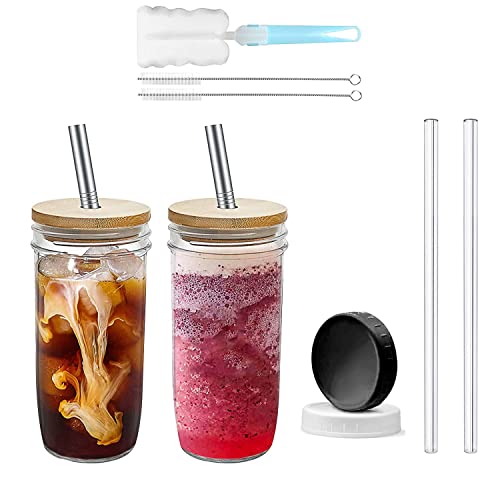 Holwarm 720ml Bubble Tea Becher Einmachglas Glasbecher 2er Set, Trinkglas mit Strohhalm und Anti-Schimmel Bambusdeckel, Weithals Iced Coffee Glas, Mason Glas Tumbler Cup Boba Tea Glas