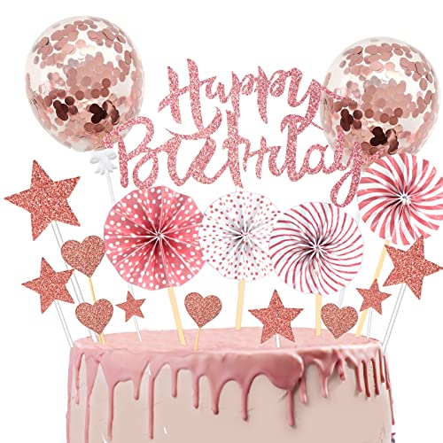 24 Stück Tortendeko Geburtstag Mädchen, Glitzer Cake Topper, Roségold Kuchendeko Geburtstag, Herze Sterne Cupcake Topper, Torten Deko für Frauen Mädchen Kinder Geburtstag Party