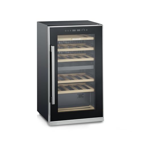 SEVERIN SEVINZO 28 DUO Weinkühlschrank, Dualzone Weinkühler für 28 Flaschen, hochwertiger Wine Fridge mit Touch Steuerung und 5 Holzböden, 80 L Nutzinhalt, schwarz/silber, WKS 8894