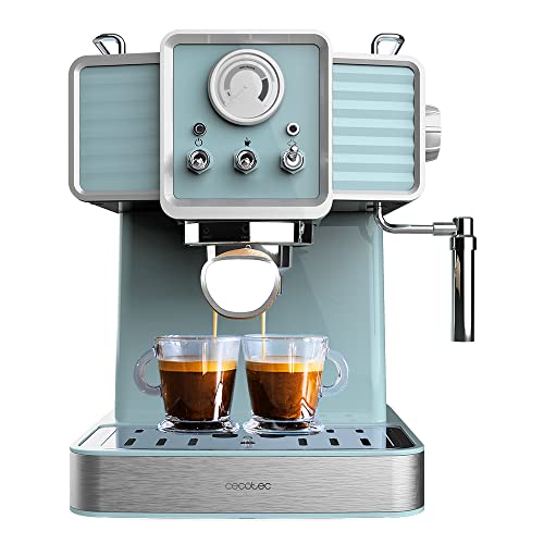 Cecotec Espressomaschine Power Espresso 20 Tradizionale Light Blue, 1350 W, Espresso und Cappuccino, 20 Bar und Thermoblock, Dampfauslass, Manometer, Vintage-Design, Fassungsvermögen 1,5 Liter