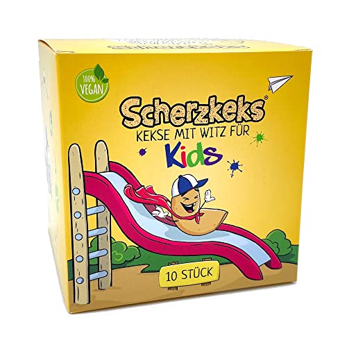 Scherzkeks Kids | 10 Kekse mit Witz für Kids, 10er Box Glückskekse mit kindgerechten Scherzfragen im Inneren, zu Kindergeburtstag, Familienfeiern, Schulanfang, Einschulung