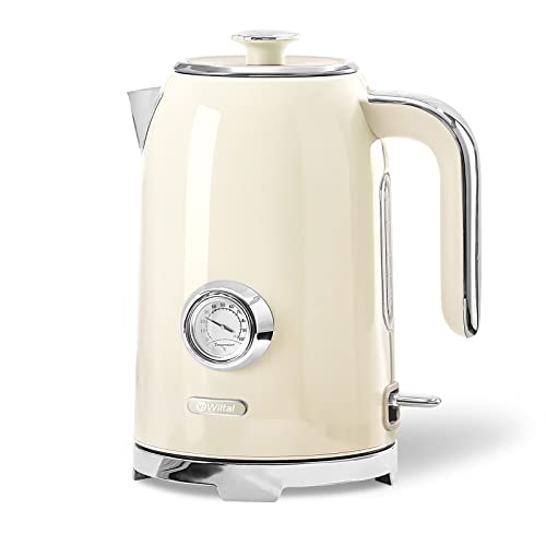 Wiltal Wasserkocher [1,7L, 2200W], Retro Creme, Edelstahl, Toaster Wasserkocher set Retro (Wassertemperaturanzeige im Retrodesign, außenliegende Wasserstandsanzeige) Vintage Teekocher…