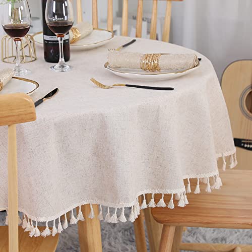 SUCHDECO Beige Tischdecke Rund 120 cm Abwaschbar Leinen Baumwolle Tischtuch Knitterfrei Staubdicht mit Quasten für Küche, Esszimmer, Esstisch, Couchtisch, Gartentisch