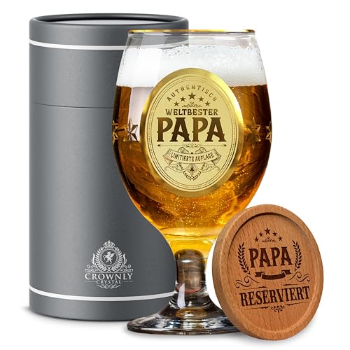 CROWNLY CRYSTAL® Papa Geschenk Geburtstag Personalisierte Geschenke Bierglas Mit Gravur Geschenke für Papa Geschenk für Papa Vater Geschenk Bester Papa Geschenke Biergläser Vatertagsgeschenk für Papa