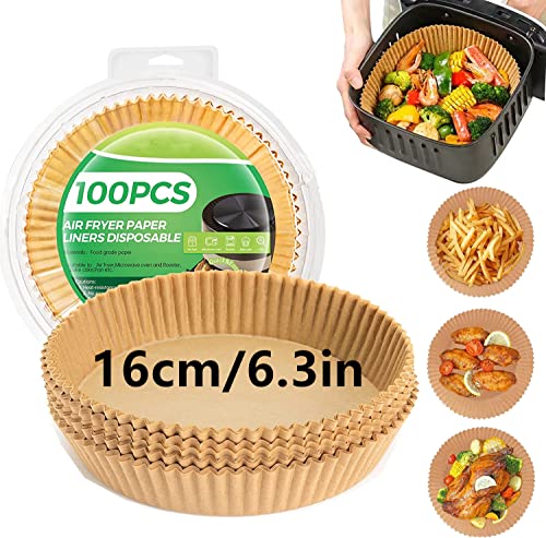 Backpapier Airfryer Rund, 100 Stück Airfryer Backpapier Antihaft Wasserdicht Ölfest Einwegschalen Luftfritteuse Pergamentpapier Liner für Heißluftfritteuse Bratpfanne Ofen Mikrowelle (6.3in)