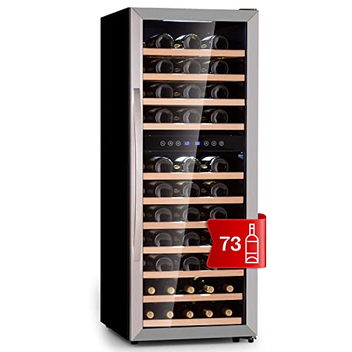 Klarstein Weinkühlschrank, Getränkekühlschrank Schmal, Kühlschrank mit Glastür, Getränkekühlschränke Freistehend, Weinkühlschrank Klein, Weinkühlschränke 2 Zonen, LED-Beleuchtung, 5-18 °C, 73 Flaschen