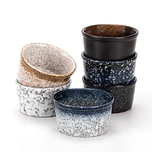 PARMEDU Auflauf- & Souffléförmchen-Set aus Keramik, 6 Mini-Porzellanschalen, 100ml im Zen-Stil, Backofenfeste Tassen/Schüsseln für Puddings, Brûlées, Soufflés, Eis, Dip-Saucen, Snacks, Modell BK002