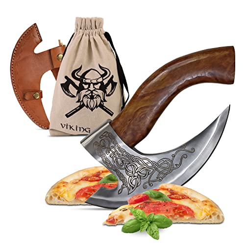 VIKING CRAFT® Pizzaschneider Axt - Hochwertiges Pizzamesser mit Wikinger Motiv und Lederschutz - Ideal als Wiegemesser Pizza Axt, Mittelalter Deko, LARP, Geschenke