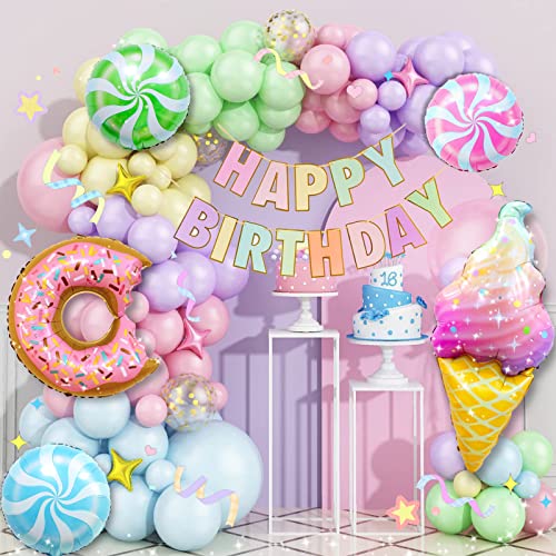 Daidle Geburtstagsdeko Mädchen, Kindergeburtstag Deko Regenbogen, Pastell Luftballons Girlande & Süßigkeiten Donut Folienballon, 1-10 Jahre Happy Birthday Deko, Geburtstags Deko Mädchen