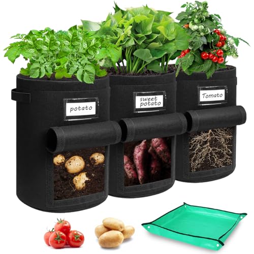 Airminti Kartoffel Pflanzsack, 7 Gallonen 26.49L kartoffelsack Zum Pflanzen/ 3 Stück Pflanzsack mit Sichtbarer Klappe, Pflanzenschilder Zum Beschriften für Kartoffeln, Tomaten,Blumen, Gemüs