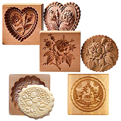 4 Stück Holz-Keksformen, geschnitzte Holzform, DIY-Keksstempel, Ausstechformen lustige 3D-Presse Prägeform Blumenmuster, Backwerkzeug