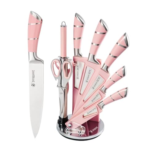 Justup 9-tlg Messerset mit Drehbare Acryl Messerblock, Rosa Sharp Antihaft Beschichtete Kochmesser Block Set,Edelstahl Messer Set für Küche mit Schärfer zum Schneiden Schneiden Würfeln Hacken (Rosa)