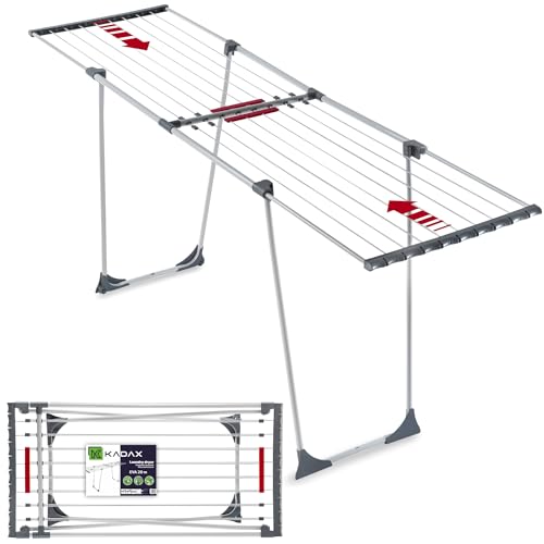 KADAX Teleskop Wäscheständer mit 20m Trockenleinenlänge, ausziehbarer Wäschetrockner für Bettwäsche, großer Flügelwäscheständer aus pulverbeschichteten Stahl (Grau)