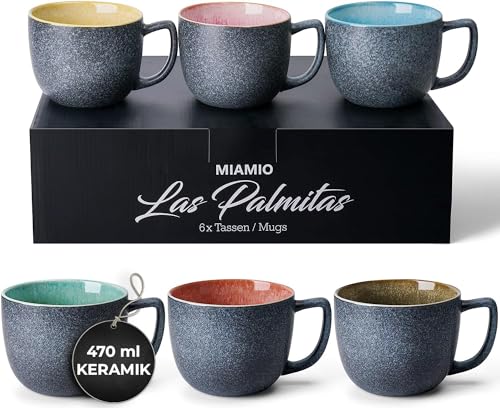 MIAMIO - 6 x 470 ml Kaffeetassen/Tassen Set/Kaffeetasse Groß/moderne Kaffeebecher aus Steingut - Las Palmitas Kollektion 6er Set