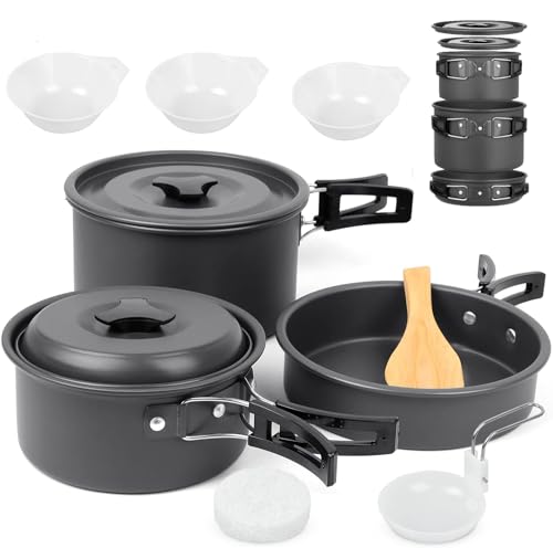 BILIPLE Camping Kochgeschirr Set Outdoor Geschirr Set Faltbare Kochtopf Set Stieltopf Pfanne Teekanne für Outdoor Picknick Camping Wandern (14-teiliges) (9-teiliges)