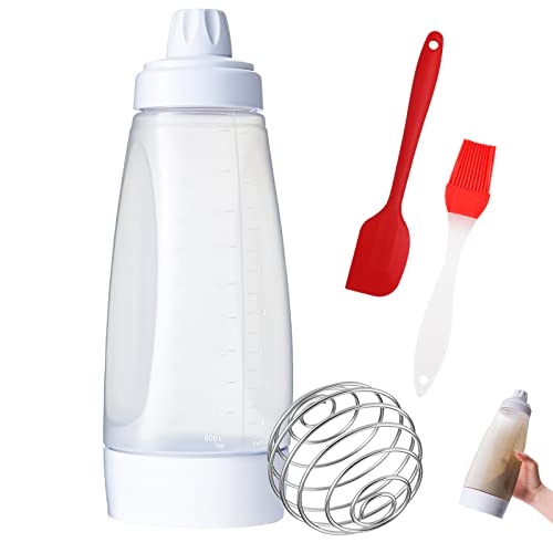 GZhaimai Teigspender Quetschflasche, Teigportionierer Pfannkuchen Mehrzweck mit Messmarken Rührkugel Silikonölpinsel, für Pfannkuchen, CrêPes und Waffeln Uvm