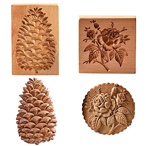 Frunimall Ausstechform aus Holz,Plätzchenformen,Cookie Cutter,Keksformen zum Backen 3D Geschnitzt,Blumenmuster für DIY Kekse,Lebkuchen(2 Stück)