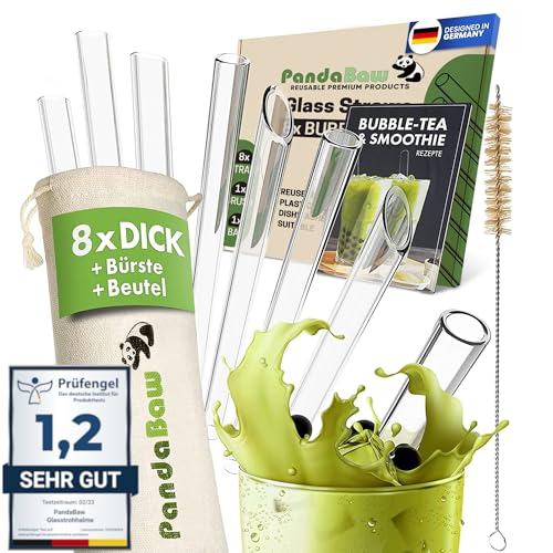 PandaBaw® 8x Bubble Tea Strohhalme Glas [NOTE "SEHR GUT"] - 21.5cm Glas Strohhalm Bubble Tea - Dicke Boba Straw Glasstrohhalme Wiederverwendbar - BPA freie Glashalme mit Beutel Bürste & Rezepte