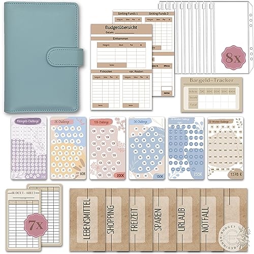 BeginnerBudget® Budget Planner Deutsch - Starterset mit Sparchallenge Budgetplaner - Sparen mit Umschlagmethode + Anleitung - Ringbuch - Binder A6 Glattleder-Style (Hellblau)