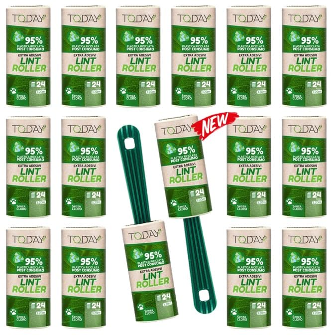 Today - Fusselrolle 16 Rollen mit 2 Abroller 95% recyceltes Material - 24 Lagen Lagen Fusselrolle Tierhaare Easy-Peel - Geeignet für Haare, Staub, Kleidung, Tierhare