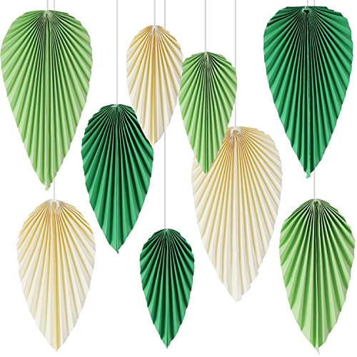 SUNBEAUTY 9 Stück Papier Fächer Dekoration Hanging Girlande Grün Blassgelb Blatt Papierfächer Party Deko Set für Hochzeit Geburtstag Tea Party Tischdeko Classroom Baby Shower Backdrop Garland