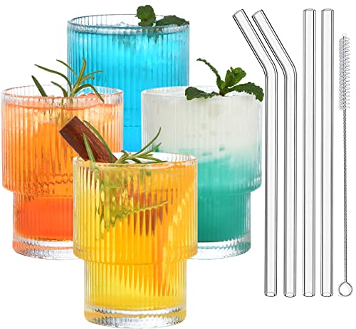 ALINK 200ml Mini gerippt Trinkgläser mit Glas Strohhalme 4pcs Set, Wassergläser,Longdrinkgläser,Trinkgläser,Vintage Eiskaffee Tassen, für Coocktail, Whiskey, Bier - Reinigungsbürste