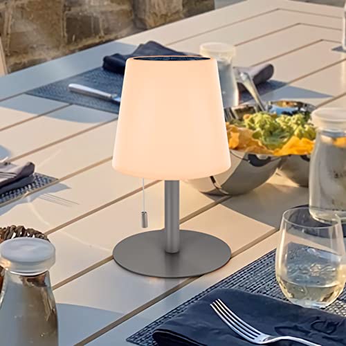 LED Solar Outdoor Tischlampe, 2700-6000K Warmweiß & Kaltesweiß Stufenlose Dimmbar Akku Tischlampe, 2in1 Solarladung&USB Aufladung Kabellos Tischleuchte, IP44 Wasserdicht für Innen/Außen (Grau)