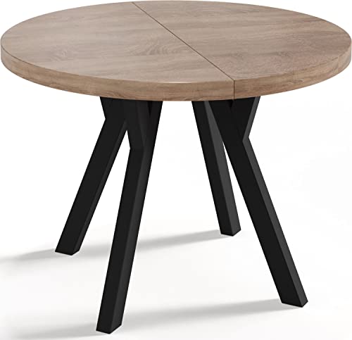 WFL GROUP Designer Runder Ausziehbarer Esstisch - Loft-Stil, Industriell, Platzsparend - Schwarze Beine - 100 bis 200cm - für 6-8 Personen - Hergestellt in EU - Eiche Sonoma - 150 cm