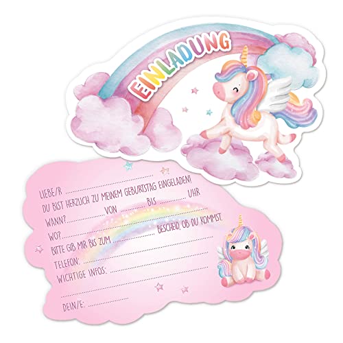 GEBETTER 12 Einhorn Regenbogen Einladungskarten zum Kindergeburtstag 14 x 9 cm Geburtstag Party Einladung Einschulung für Mädchen und Jungen Geburtstagseinladungen Kinder Geburtstagsfeier Kinderparty