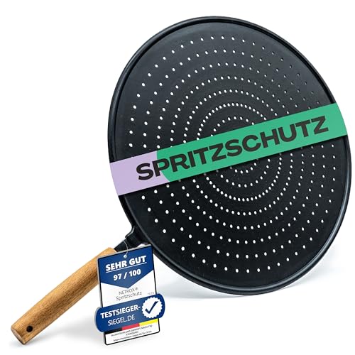 NetroxHome® Spritzschutz aus Silikon mit Holzgriff | hitzebeständig und für Pfannen bis 30cm | Spritzschutzsieb zum Kochen & Braten | Spritzschutzdeckel für Töpfe & Pfannen | Spritzsieb (Schwarz)