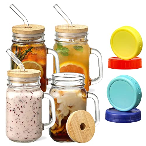 JORTINE Trinkgläser mit Deckel und Strohhalm,Mason Jar Trinkglas 4er,Cocktailgläser Smoothie Glas Set,Cocktail Gläser Glasbecher,Einmachgläser mit Henkel für Wasser,Kaffee,Cocktail,Soda,Geschenk