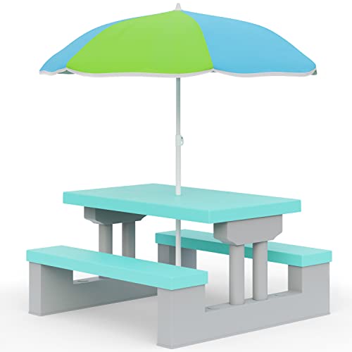 Spielwerk® Kindersitzgruppe Sonnenschirm Tisch Bänke UV Schutz Waschbar Wasserfest Abgerundete Ecken Mint-Grau Outdoor Picknicktisch Kindertisch Garten