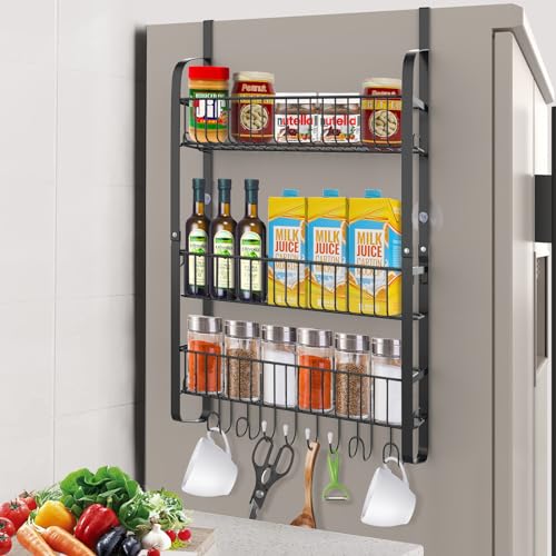 Cyiecweu Kühlschrank Regal aus Kohlenstoffstahl, 3-stufiger Gewürzregal ohne Bohren, Hängeregal mit 8 Haken, Hängendes Küchenregal，Spice Organizer mit Großer Kapazität