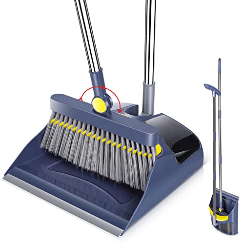 Midyb Besen und Kehrschaufel Set, 120cm Besen Set mit Langem Stiel, Aufrechter Broom und Schaufel Combo mit Kamm für Küche Zimmer Büro Lobby Haushaltsreinigung (Blau)