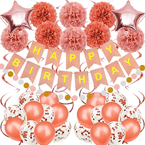 Recosis Rosegold Geburtstagsdeko, Happy Birthday Banner mit Pompoms Papier Girlande Wimpel Spiral und Luftballon Kindergeburtstag für Mädchen Junge Mann Frauen Geburtstags Dekorationen
