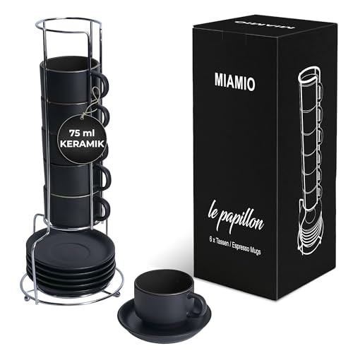 MIAMIO - 6 x 75 ml Espressotassen Set/Espresso Tassen Set mit Untertasse & Ständer - Kaffeetassen Set 6er Kaffeebecher Keramik - Le Papillon Kollektion (Schwarz)