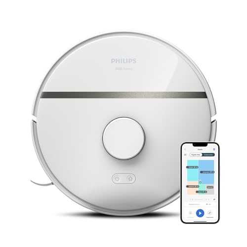 Philips Homerun Serie 3000 Saugroboter mit Wischfunktion, ultrastarke Saugleistung (4.000 Pa), Lasernavigation, 200 Min. Laufzeit, Staubsauger Roboter für Teppiche & Tierhaare, App, Weiß, XU3000/02