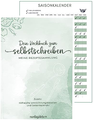 Montagsliebe® Großes Rezeptbuch zum Selbstschreiben, mintgrün, Kochbuch DIN A4, Meine Rezeptesammlung, Rezepte selberschreiben, BONUS: Koch- & Backhilfen