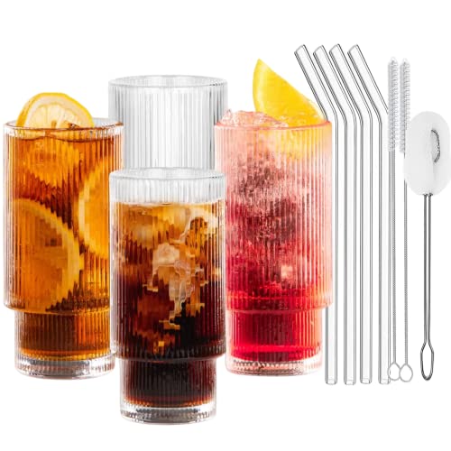 BIKALAN Cocktail Gläser Set 4, Trinkgläser set, Bier Glas, Longdrinkglas, Saftgläser, Eiskaffee Gläser Wassergläser Set mit 4 Strohhalm, 3 Reinigungsbürsten, Trinkglas für Familie, Camping, Party, Bar