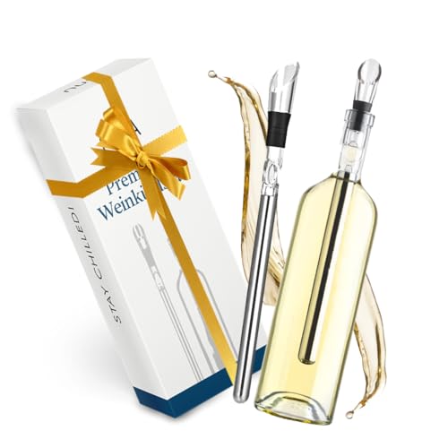 NUIA® Premium Weinkühlstab Geschenkset - Elegantes Geschenk für Weinliebhaber - Passend für jede Flaschengröße - 2x Weinkühlstäbe mit Ausgießer und Verschluss - Weinkühler Stab mit effektiver Kühlung