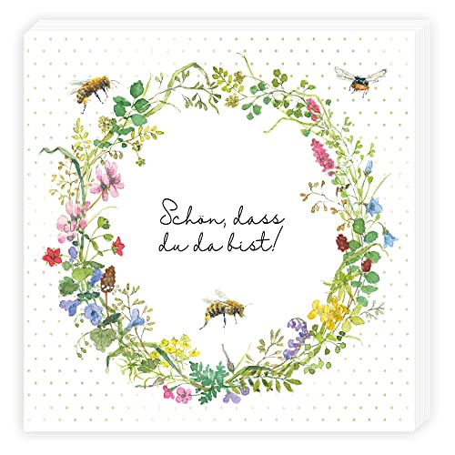 Servietten, 20 Stück (33 x 33 cm) FSC - Bienen, Frühling, Blumenkranz, Grün, für Gartenparty oder Geburtstag, Ostern, Taufe