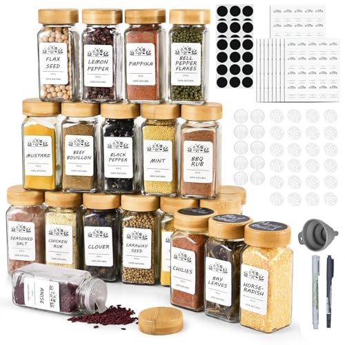 FDGAUCA Gewürzgläser Eckig mit Streueinsatz 24×120ml, Gewürzdosen mit Natürlichem Bambusdeckel, Gewürzbehälter Kommt mit Leere Zwei Arten von Etiketten, Spice Jars Gewürzstreuer