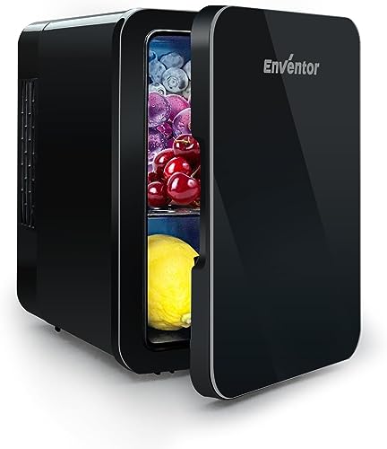 Enventor Mini Kühlschrank 4 Liter, 6 Dosen Mini-Kühlschränke für Schlafzimmer, AC+12V DC Stromkühler und Wärmer, Portable Kleiner Kühlschrank für Auto, Kosmetik, Getränke, Obst, Schwarz