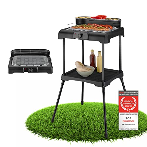 TZS First Austria Standgrill | 2000 W Elektrogrill mit Temperaturregler & Wärmereflektor | Gartengrill mit Standfüßen | Grillfläche [45cm x 22cm] inkl. Windfang | Barbecue Elektrisch Tischgrill